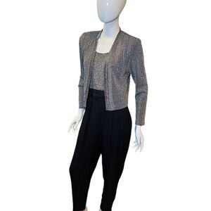 Vintage 1980s Metallic Lurex Silver Black Jumpsuit Crop Cardigan Coordinated Set